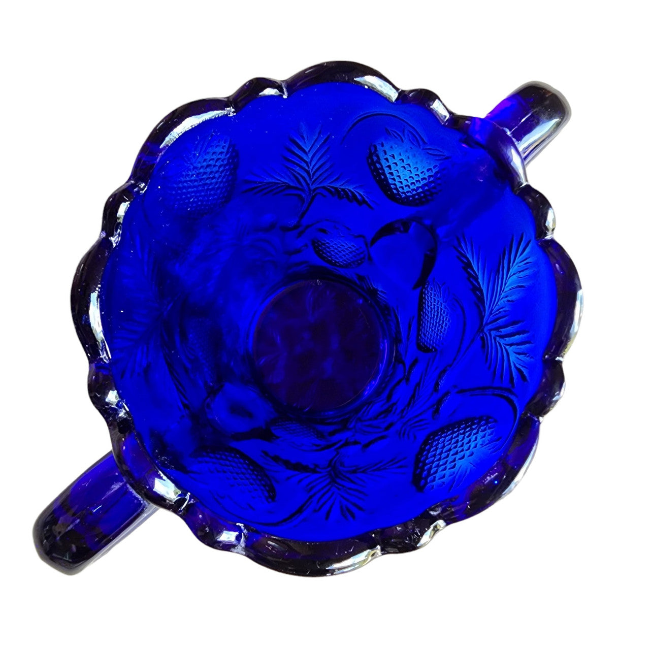 MOSSER OHIO Large Spooner Cobalt Blue Pressed Glass Inverted Strawberry Design Open Sugar