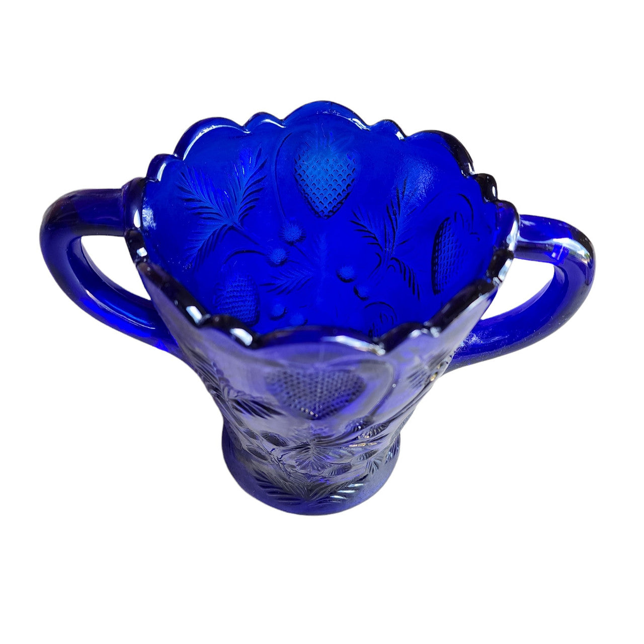 MOSSER OHIO Large Spooner Cobalt Blue Pressed Glass Inverted Strawberry Design Open Sugar