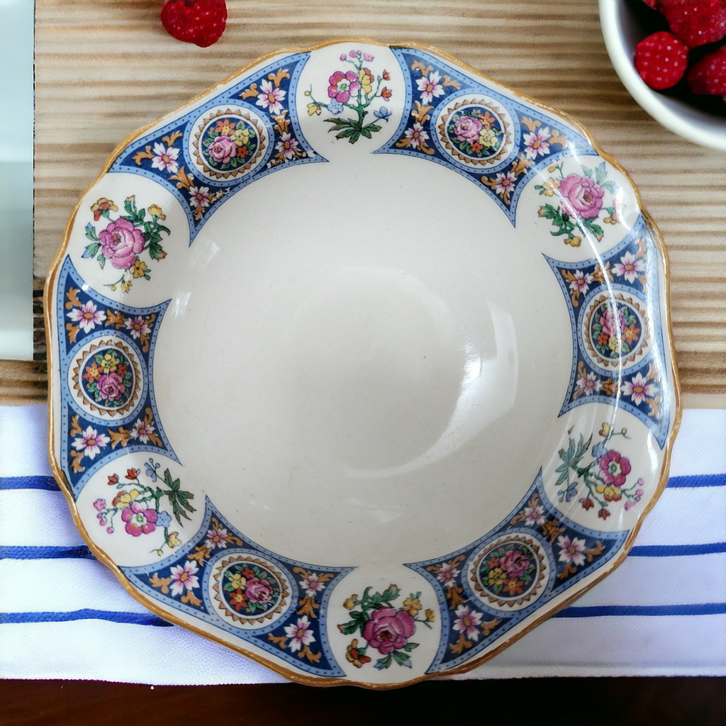 Maddock John & Sons Hampton Minerva Blue Rim Rose & Floral Cameos Fruit Dessert Sauce Bowl