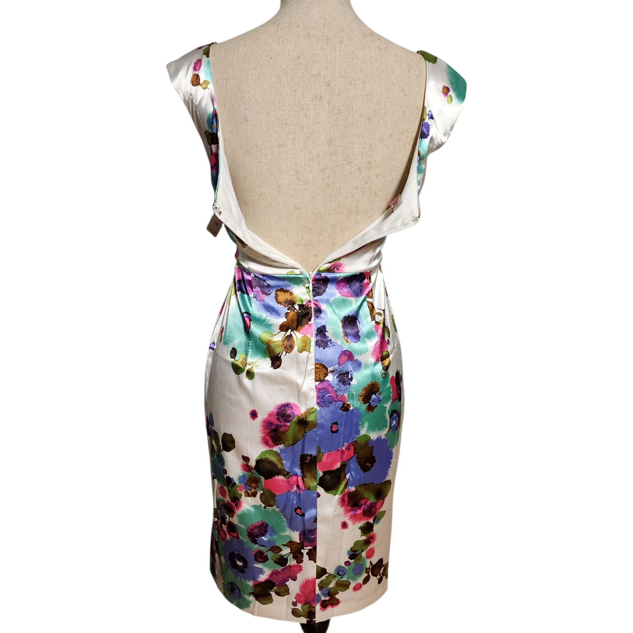 Maggy London Floral Satin Cocktail Dress – Watercolor Print Sheath  Size 12  2000s Wedding Guest Dress