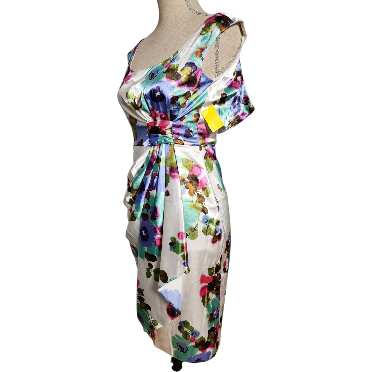 Maggy London Floral Satin Cocktail Dress – Watercolor Print Sheath  Size 12  2000s Wedding Guest Dress