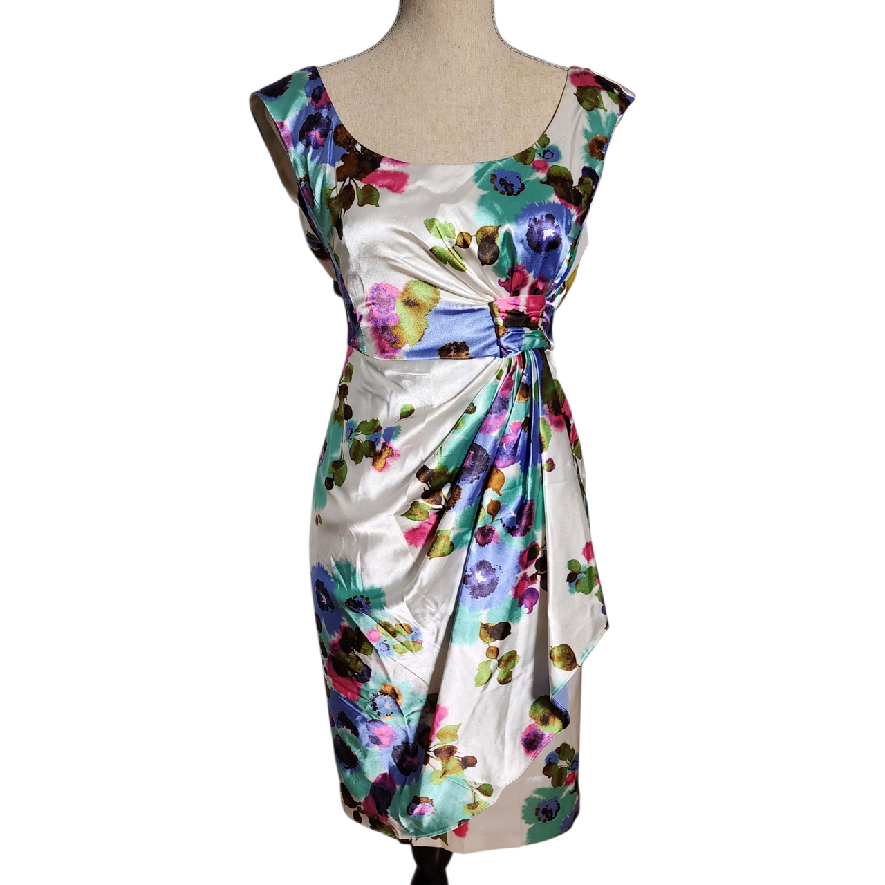 Maggy London Floral Satin Cocktail Dress – Watercolor Print Sheath  Size 12  2000s Wedding Guest Dress