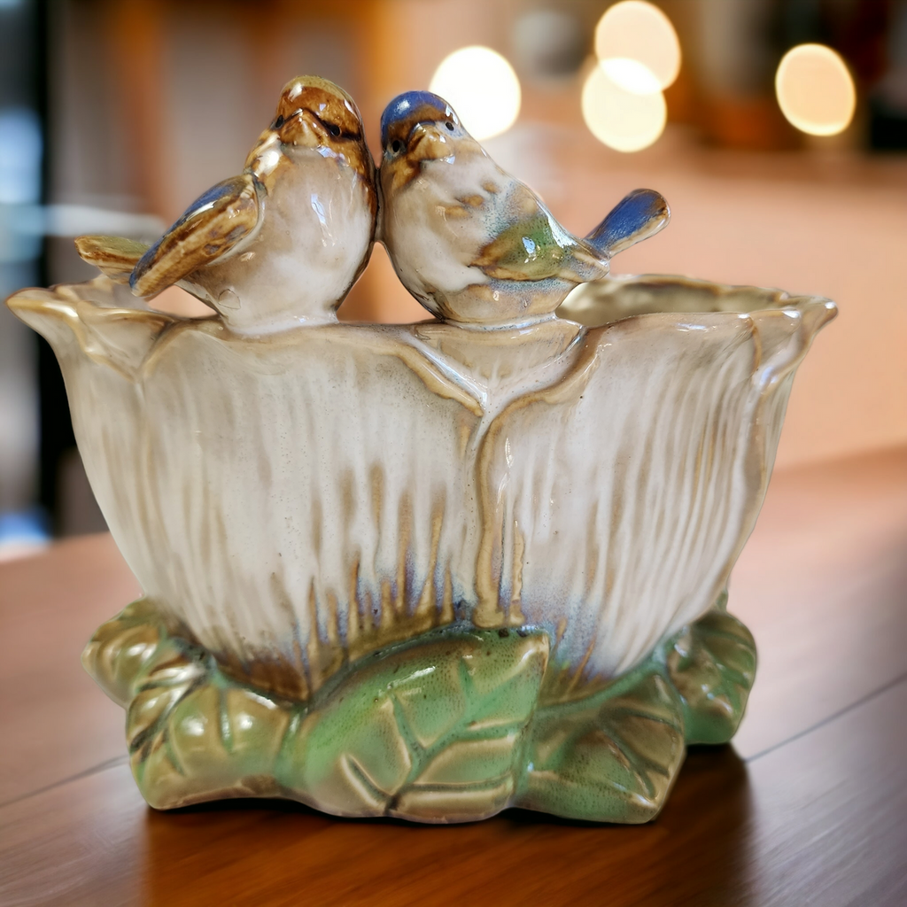 Majolica Love Birds Perched on the Edge Planter