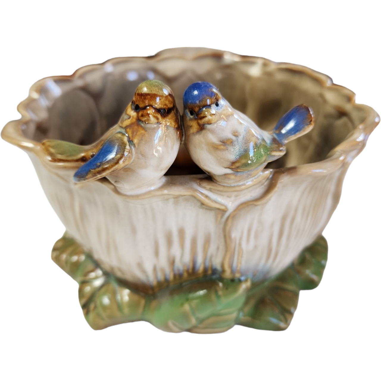 5" Love Birds Perched on the Edge Majolica Planter