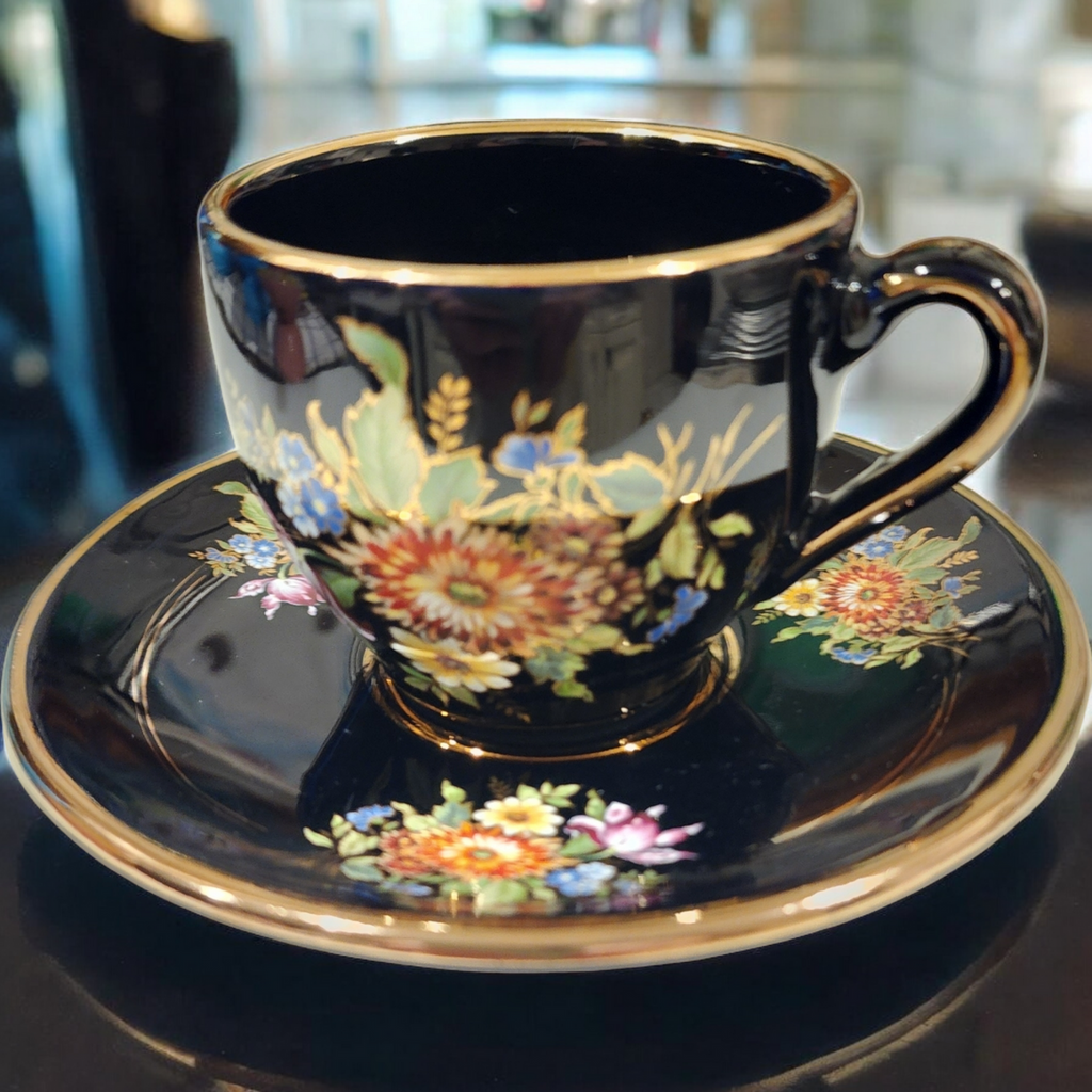 Manousakis Keramik Greece 24K Gold Black Glazed Flat Cup & Saucer Set