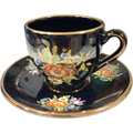 Manousakis Keramik Greece 24K Gold Black Glazed Flat Cup & Saucer Set
