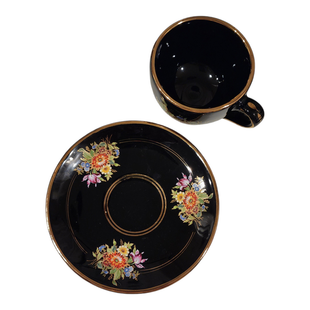 Manousakis Keramik Greece 24K Gold Black Glazed Flat Cup & Saucer Set