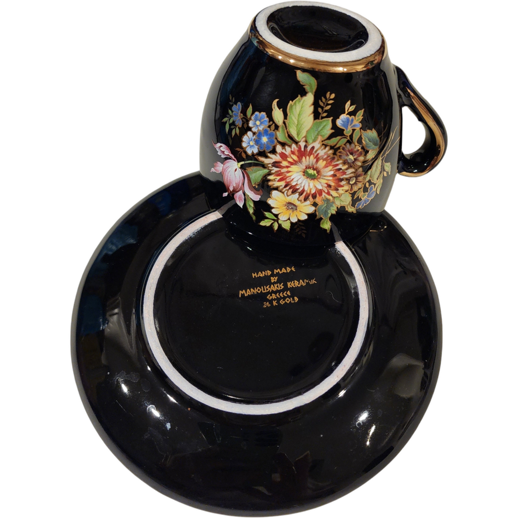Manousakis Keramik Greece 24K Gold Black Glazed Flat Cup & Saucer Set