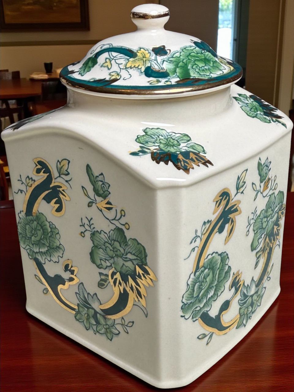 Mason’s Ironstone Ginger Jar with Lid Chartreuse Pattern Hand Painted & Gilded England Vintage Tea Caddy