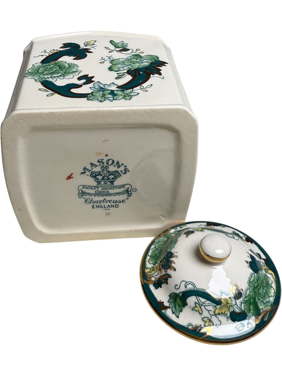 Mason’s Ironstone Ginger Jar with Lid Chartreuse Pattern Hand Painted & Gilded England Vintage Tea Caddy