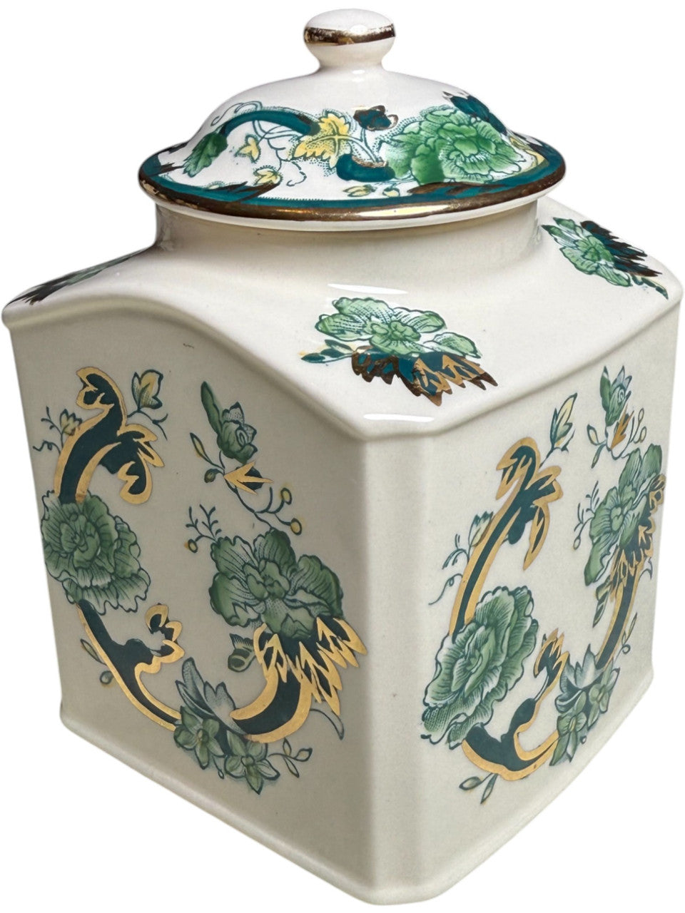 Mason’s Ironstone Ginger Jar with Lid Chartreuse Pattern Hand Painted & Gilded England Vintage Tea Caddy