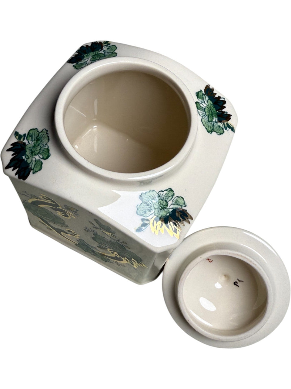 Mason’s Ironstone Ginger Jar with Lid Chartreuse Pattern Hand Painted & Gilded England Vintage Tea Caddy