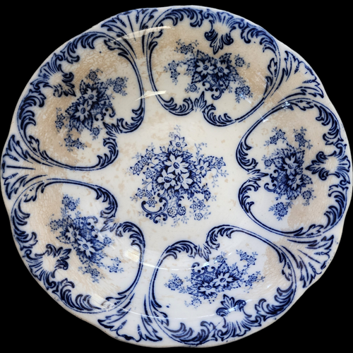 Libertas Prussia Cobalt Flow Blue Berry Rose Flower Scrolls, Scalloped Blue & White Bowl
