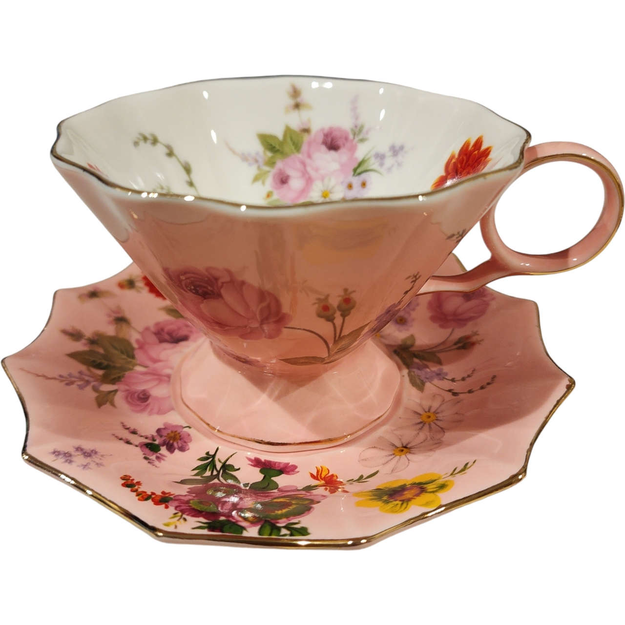 Meritage Pink and Gold Cabbage Roses Cup & Saucer Set