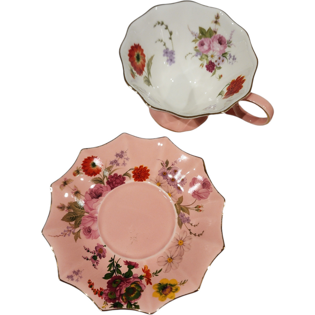 Meritage Pink and Gold Cabbage Roses Cup & Saucer Set