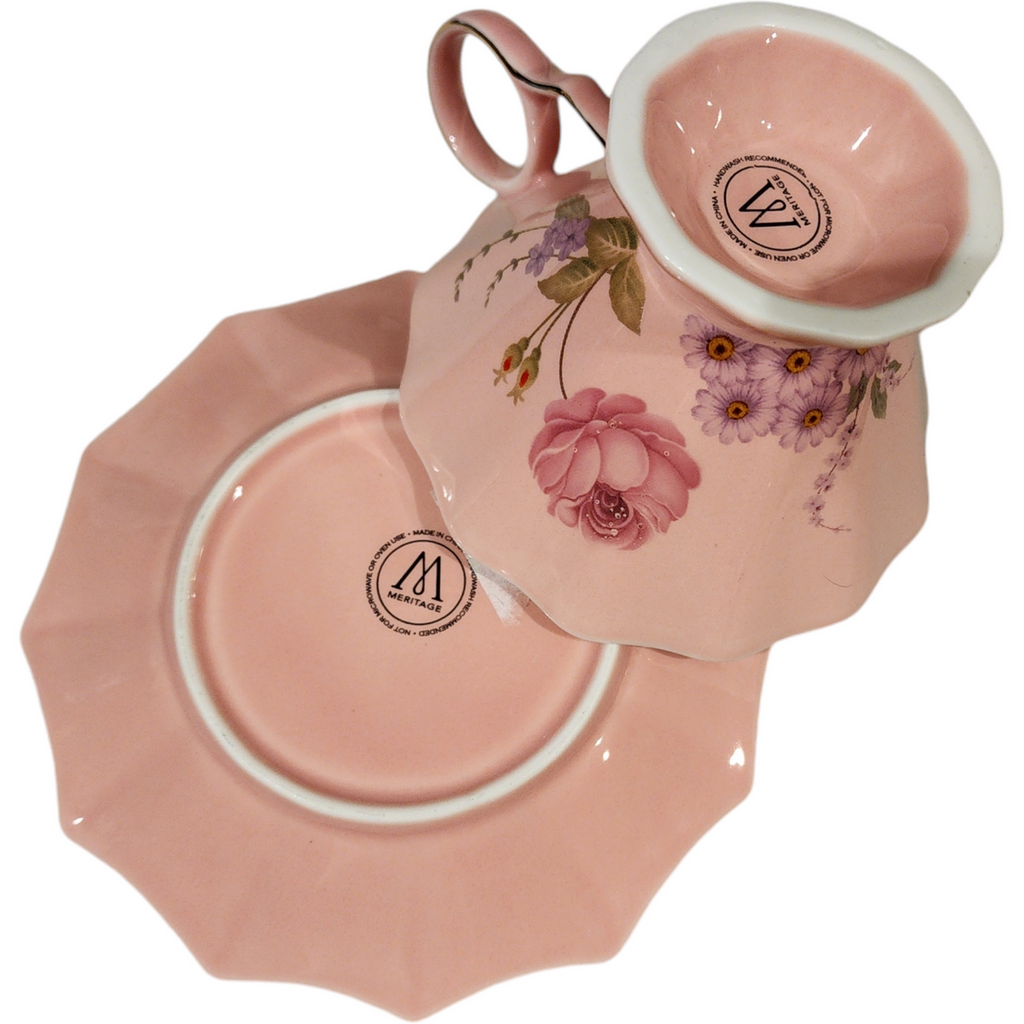 Meritage Pink and Gold Cabbage Roses Cup & Saucer Set