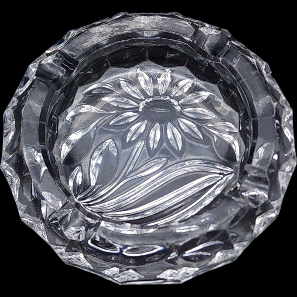 Vintage Floral Cut Clear Glass Ashtray Catchall Dish