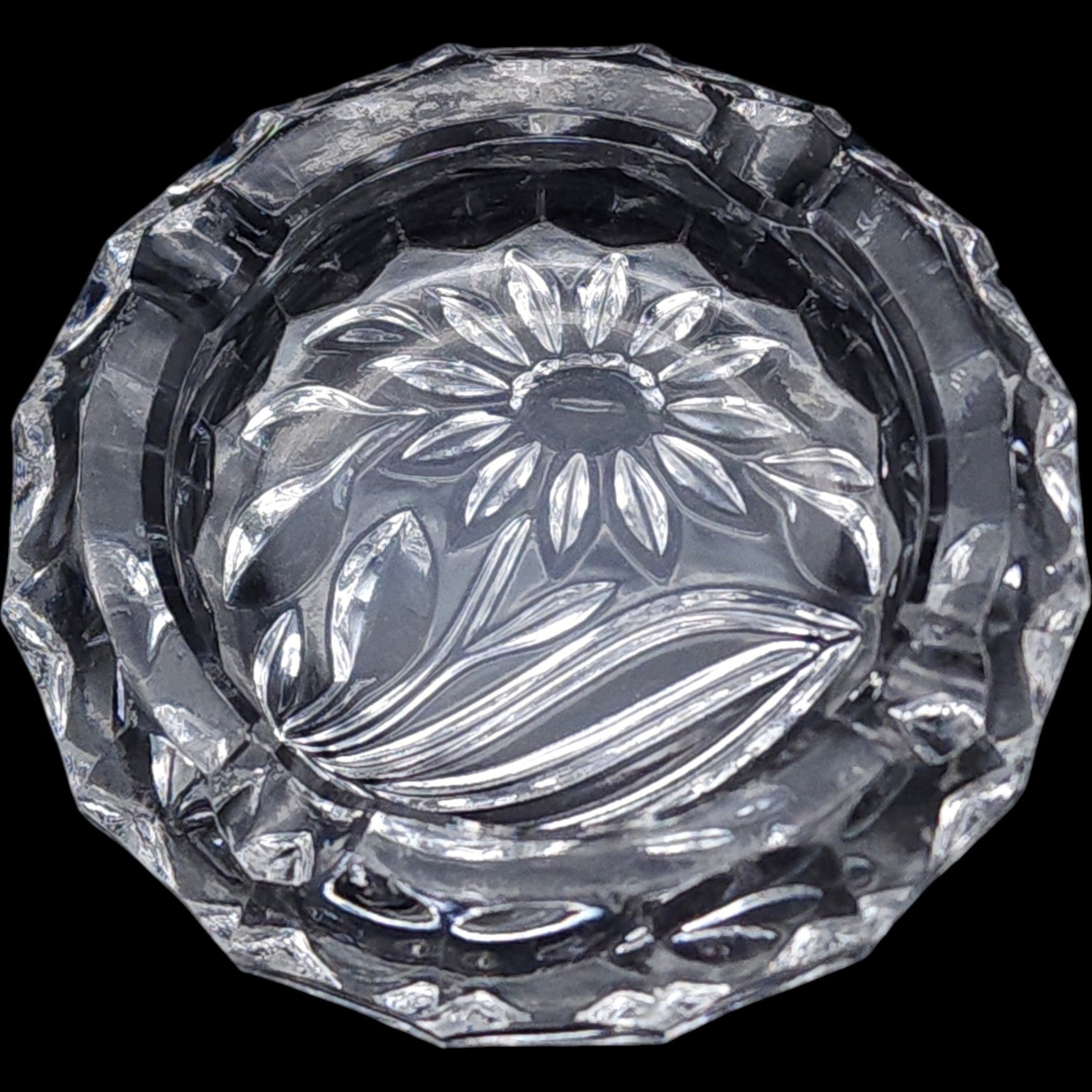 Vintage Floral Cut Clear Glass Ashtray Catchall Dish