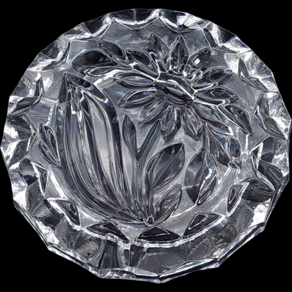 Vintage Floral Cut Clear Glass Ashtray Catchall Dish