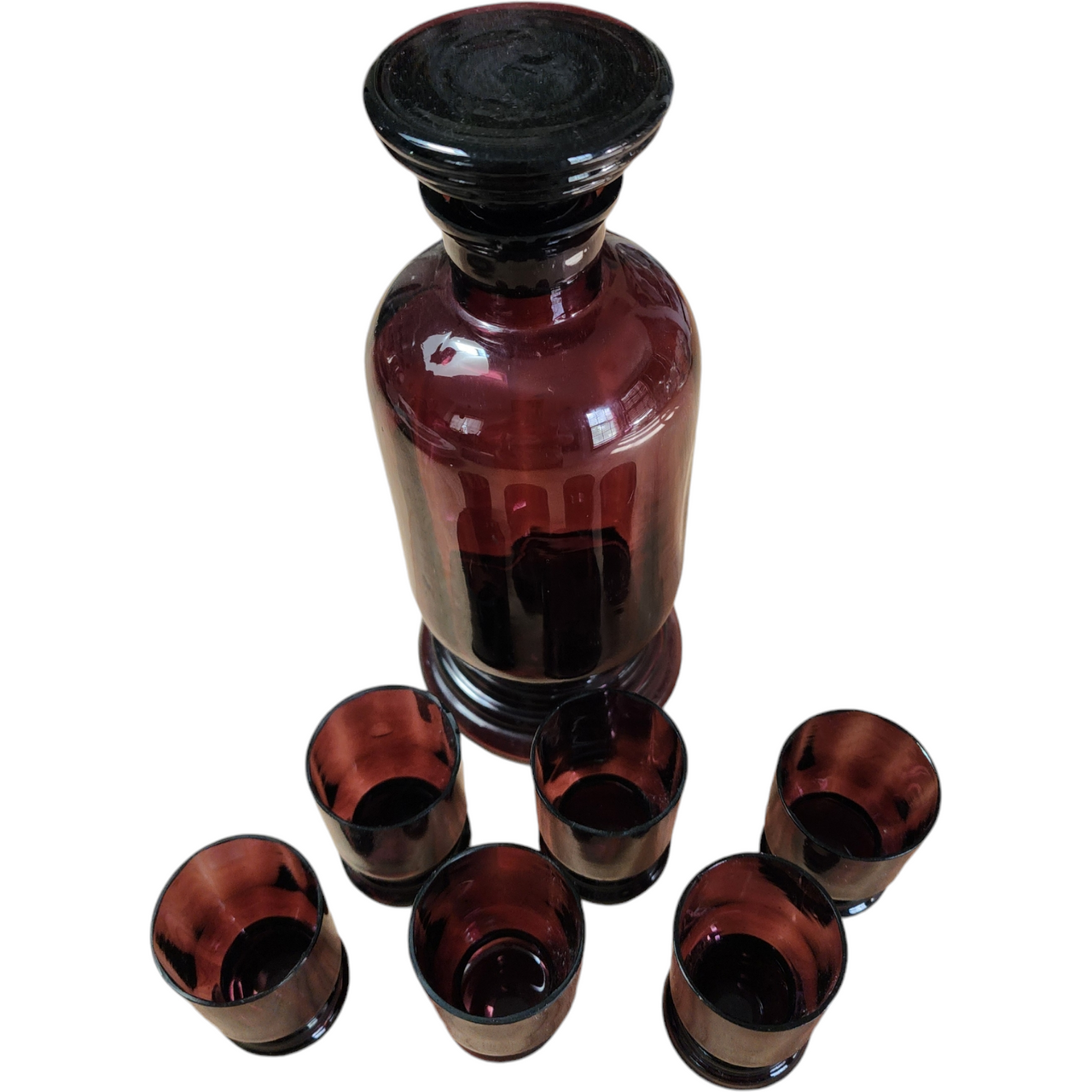 Mid-Century Modern Amethyst Purple Decanter Set with Six Glasses