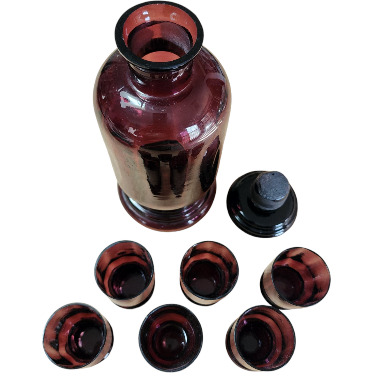 Mid-Century Modern Amethyst Purple Decanter Set with Six Glasses