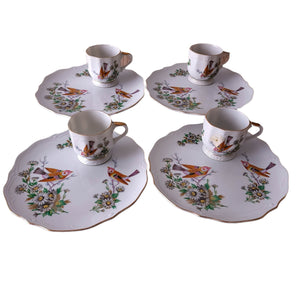 Mid- Century Ceramic Gold Trim Snack Plate and Cup Set for Four