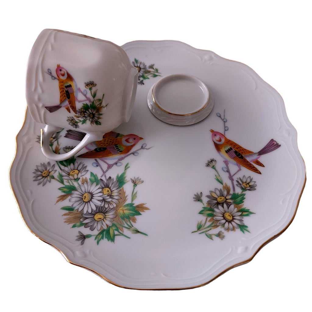 Mid- Century Ceramic Gold Trim Snack Plate and Cup Set for Four