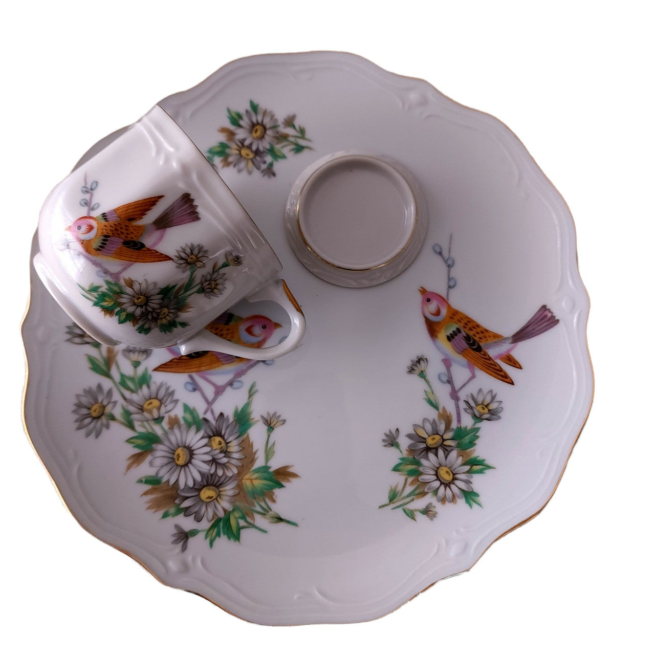 Mid- Century Ceramic Gold Trim Snack Plate and Cup Set for Four