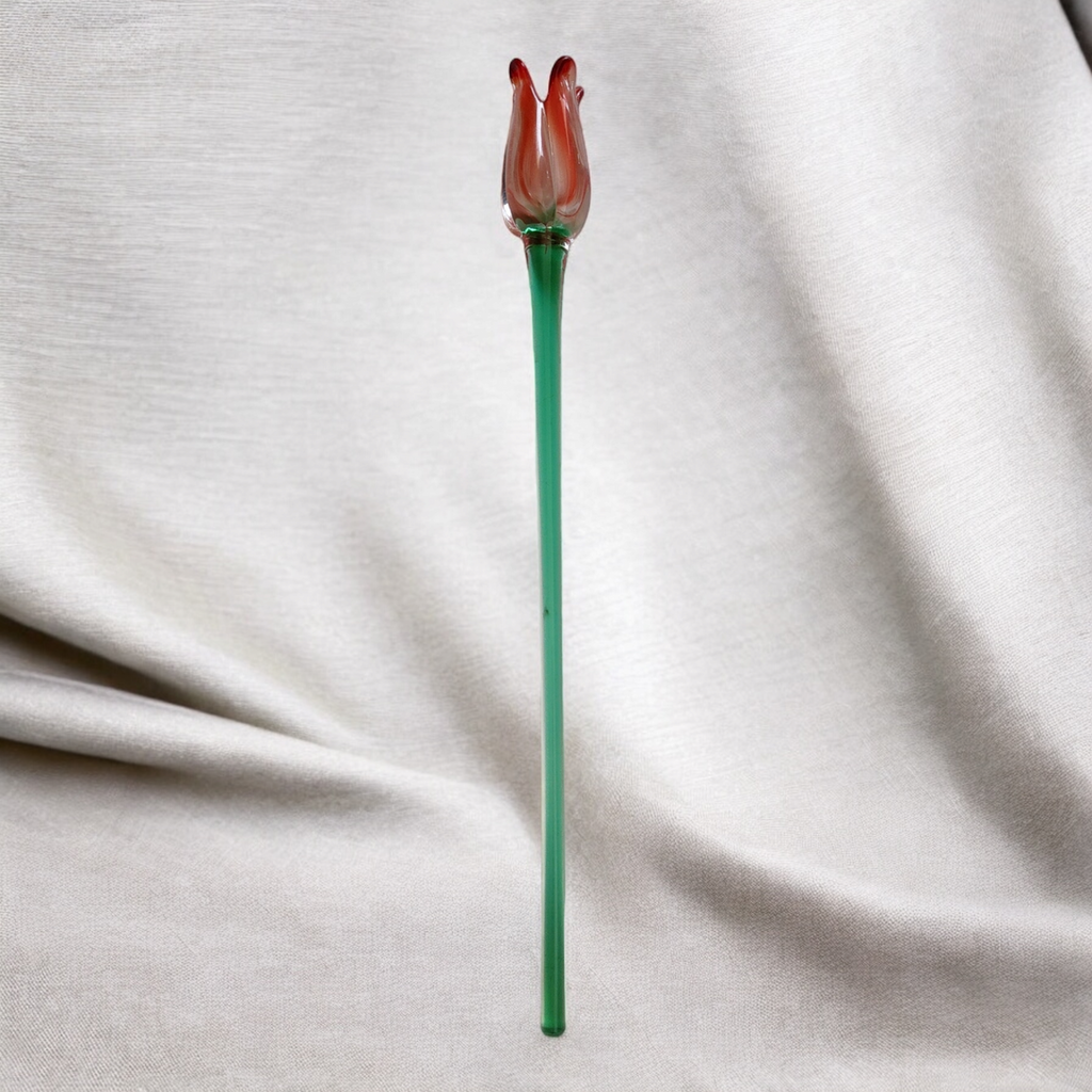 Mikasa Art Glass Reddish Tulip Hand Blown Green Stem Flower Murano Style