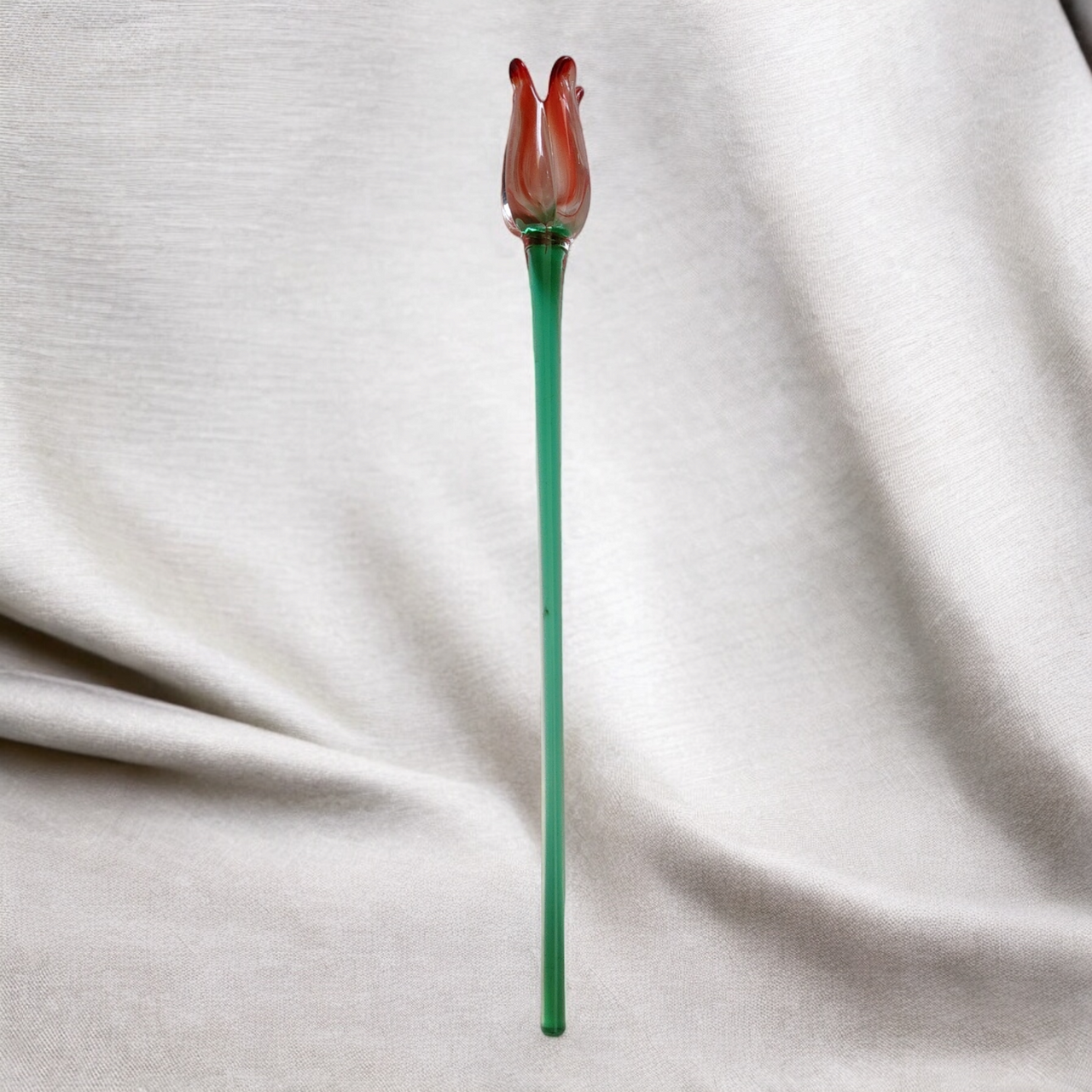 Mikasa Art Glass Reddish Tulip Hand Blown Green Stem Flower Murano Style