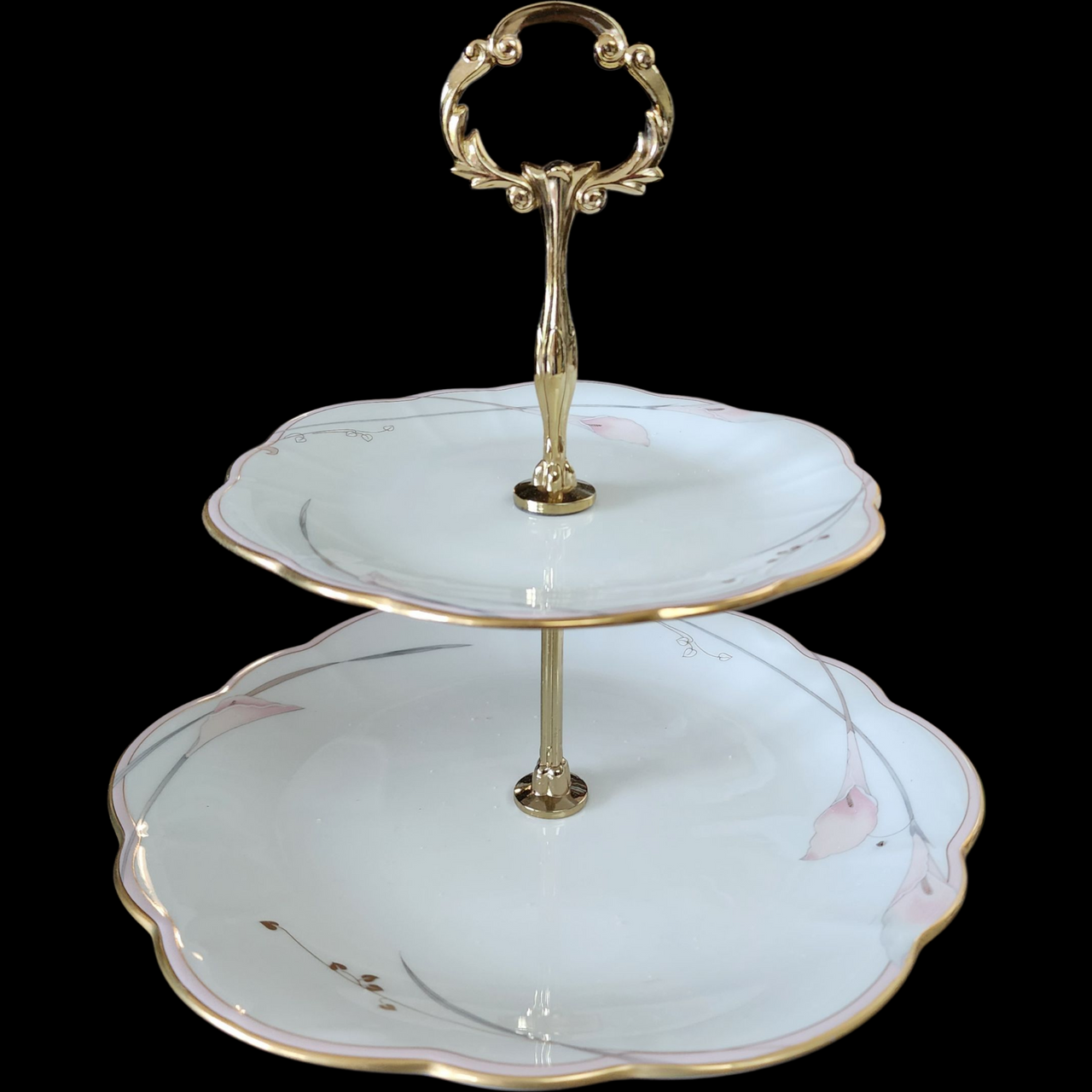 Vintage Mikasa Bellamy Bone China 2-Tier Serving Tray Pink Lily Floral & Gold Trim  Made in Japan