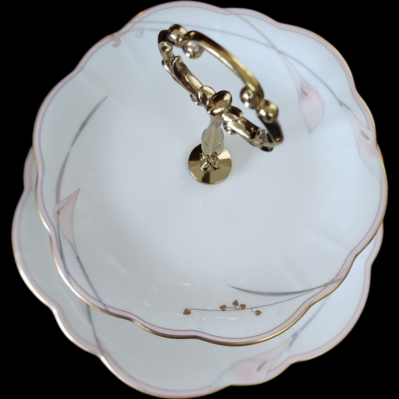 Vintage Mikasa Bellamy Bone China 2-Tier Serving Tray Pink Lily Floral & Gold Trim  Made in Japan