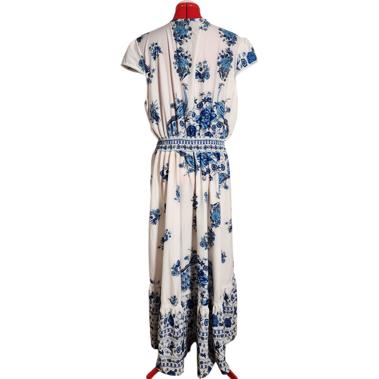 MissLook Blue & White Boho Floral Maxi Dress with Peacock Print – Size 5XL | Cottagecore Festival Style