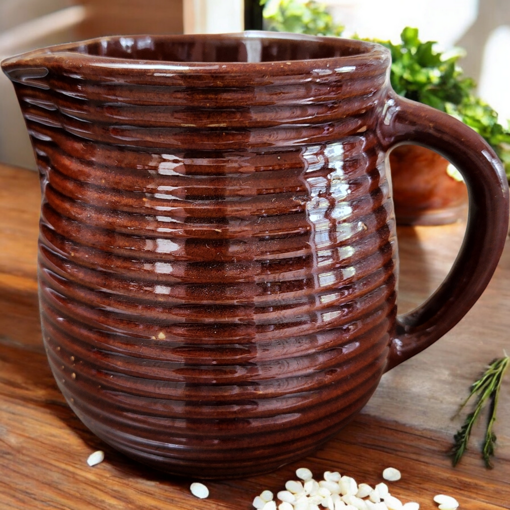Monmouth Pottery Western Stoneware Ribbed Beehive Design Glazed Brown Pitcher