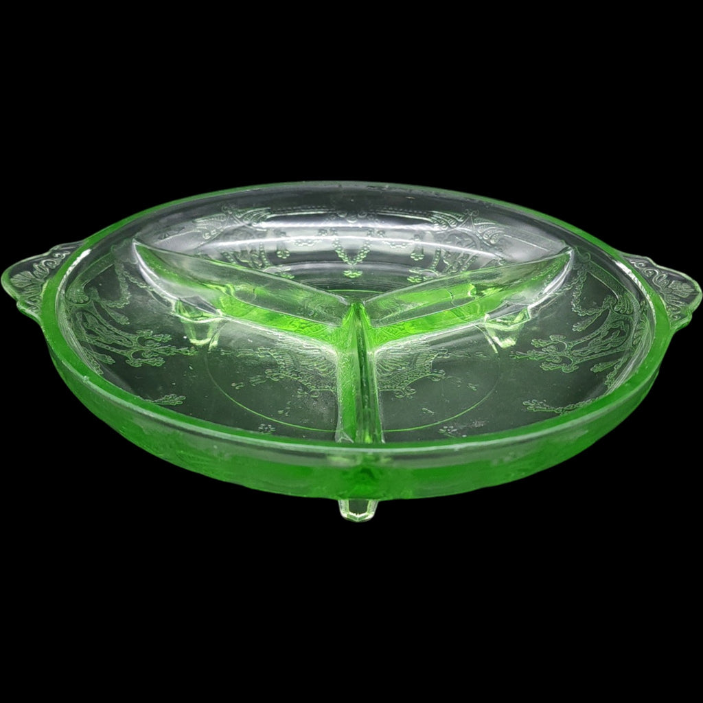 Mosser Glass Jennifer Minatures Green  Green Uranium 3-Part Divided Footed Relish Dish 8.5 Inch