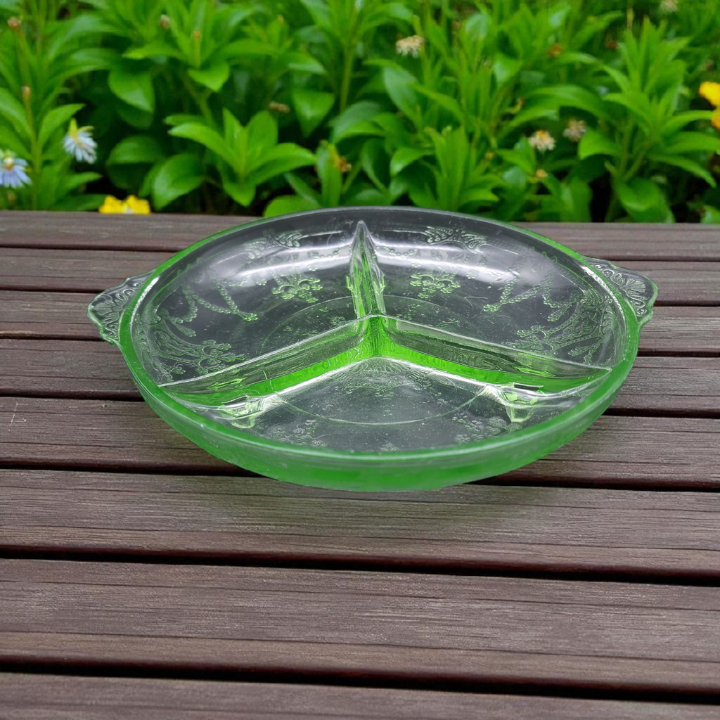 Mosser Glass Jennifer Minatures Green  Green Uranium 3-Part Divided Footed Relish Dish 8.5 Inch