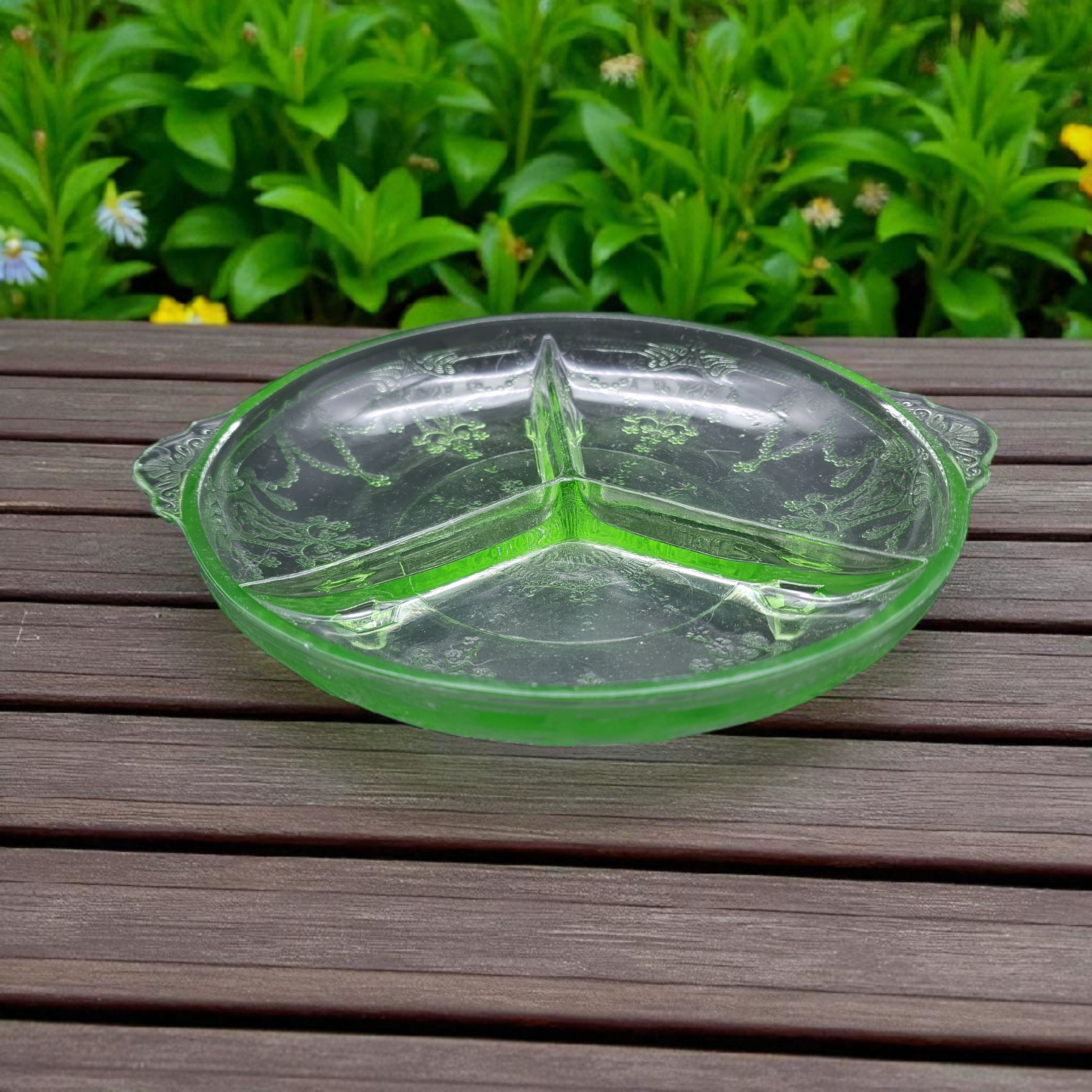 Mosser Glass Jennifer Minatures Green  Green Uranium 3-Part Divided Footed Relish Dish 8.5 Inch