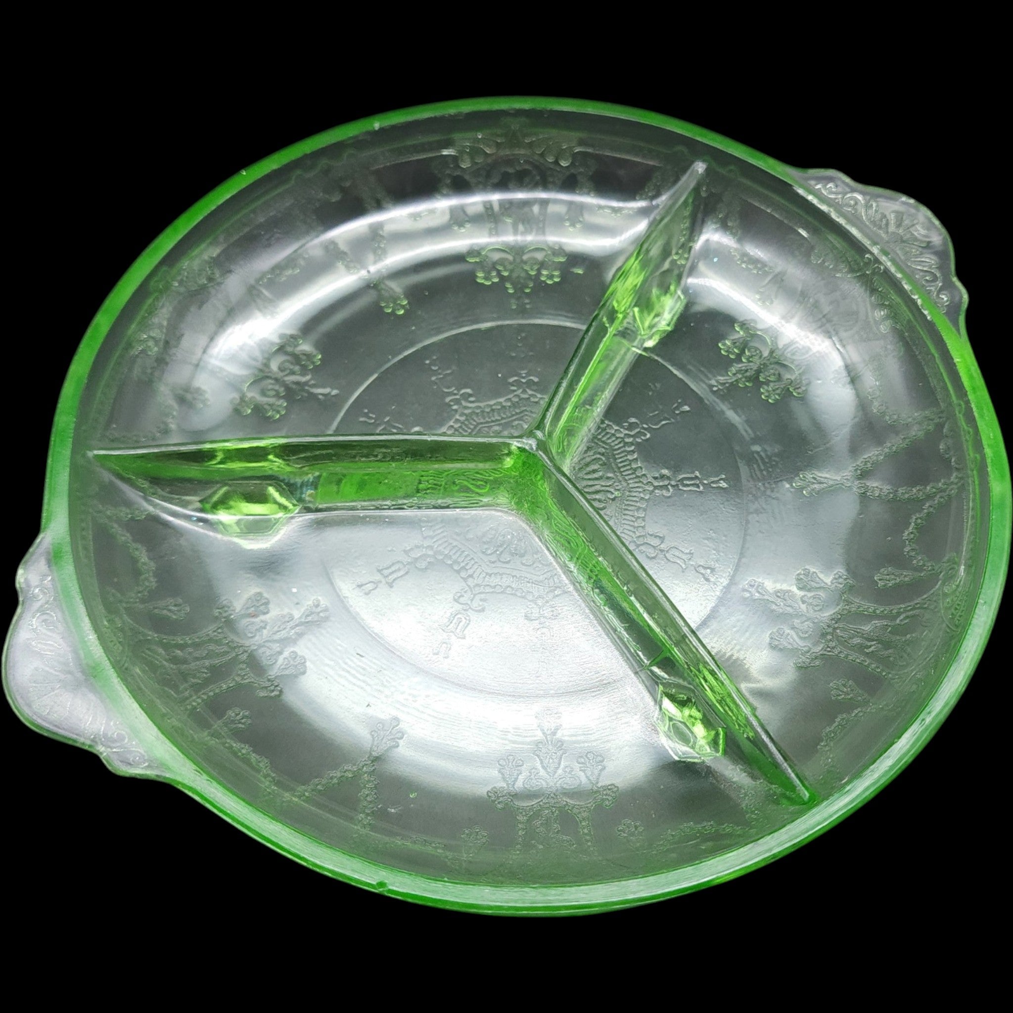 Mosser Glass Jennifer Minatures Green  Green Uranium 3-Part Divided Footed Relish Dish 8.5 Inch