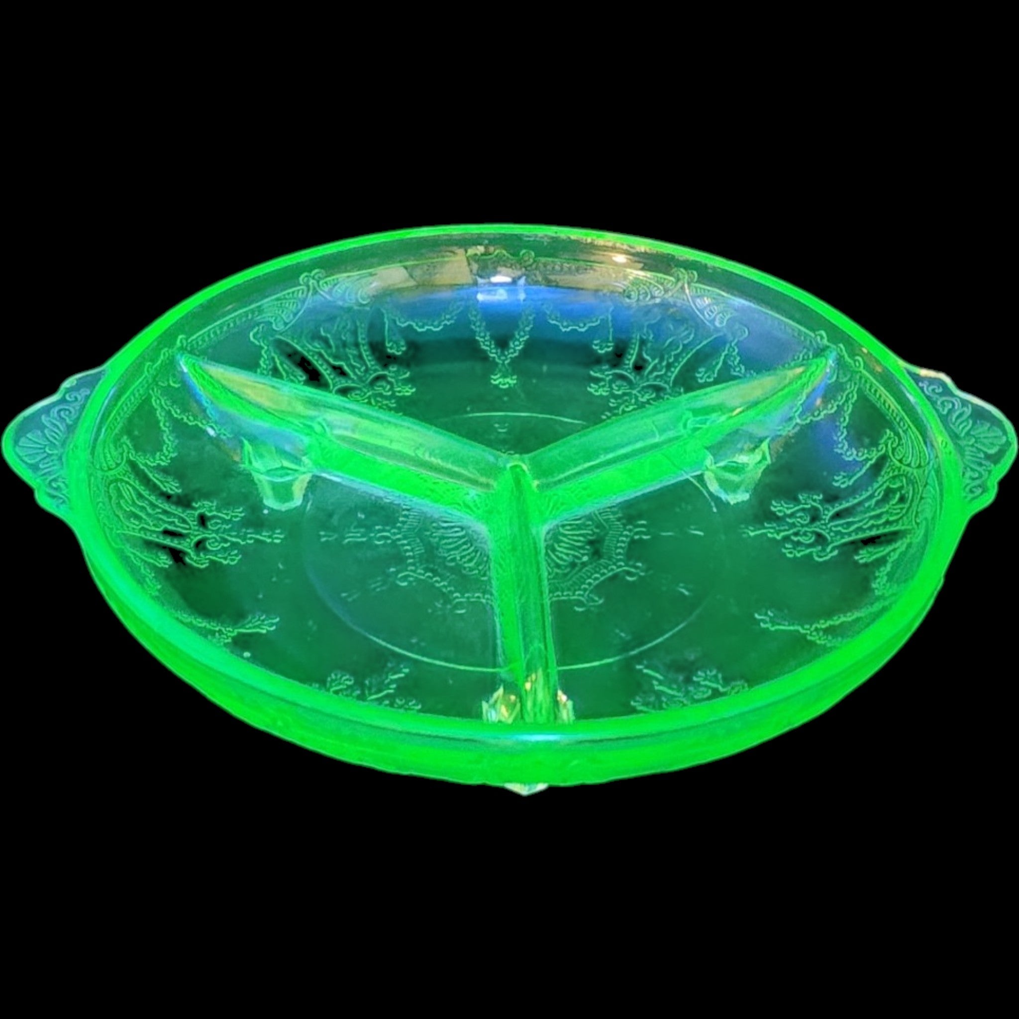 Mosser Glass Jennifer Minatures Green  Green Uranium 3-Part Divided Footed Relish Dish 8.5 Inch