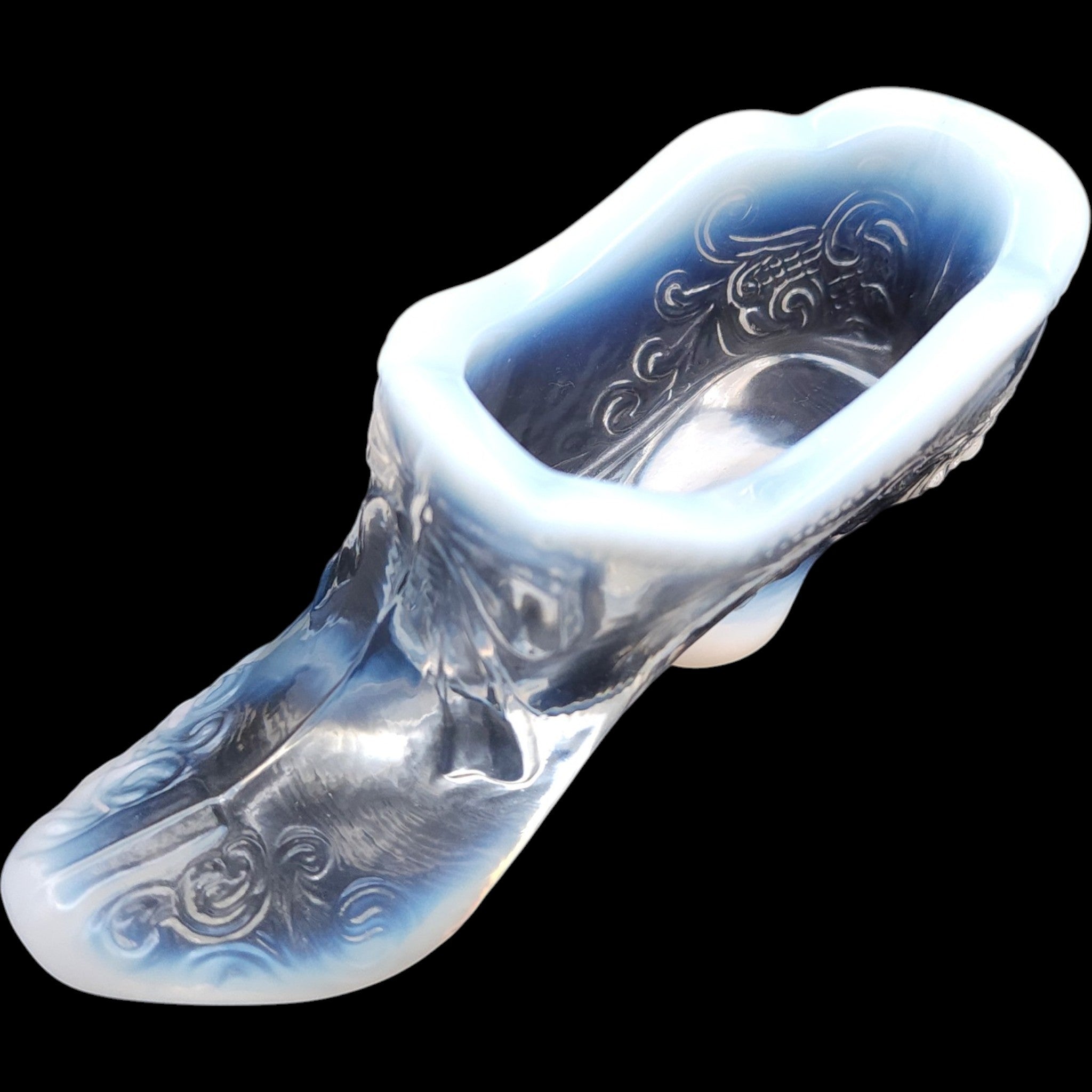 Mosser Glass Opalescent Blue Glass Slipper Figurine with Bow
