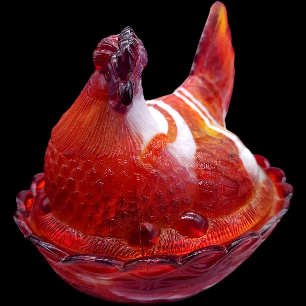 Mosser Glass Red Slag Glass Hen on Nest Covered Candy Dish