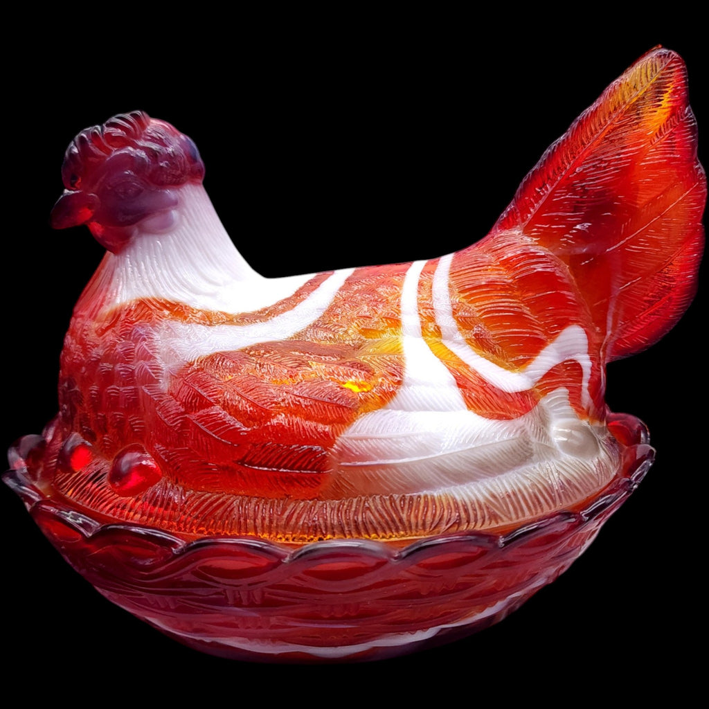 Mosser Glass Red Slag Glass Hen on Nest Covered Candy Dish
