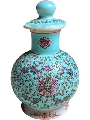 Mun Shou Chinese Famille Rose Turquoise Porcelain Jar with Lid Hand-Painted Floral Motif Marked Made in China