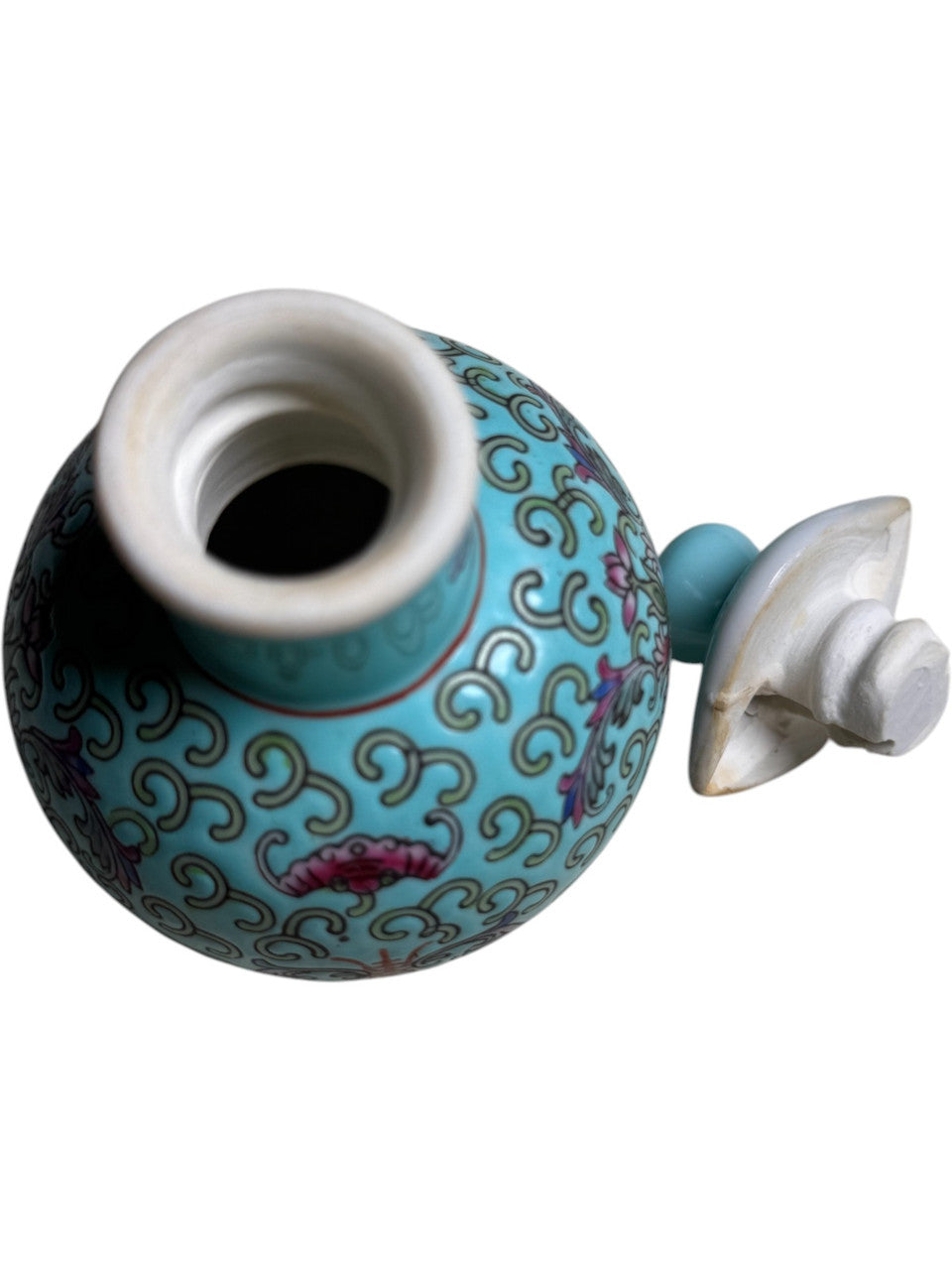 Mun Shou Chinese Famille Rose Turquoise Porcelain Jar with Lid Hand-Painted Floral Motif Marked Made in China