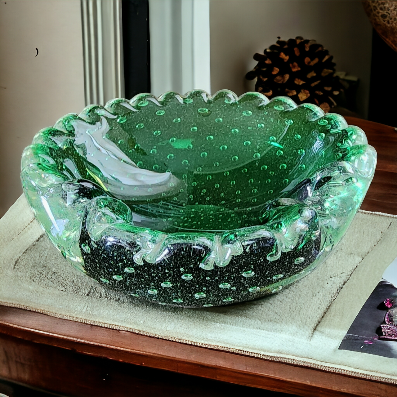 Murano Alfredo Barbini Bullicante Emerald Green Bowl Ashtray