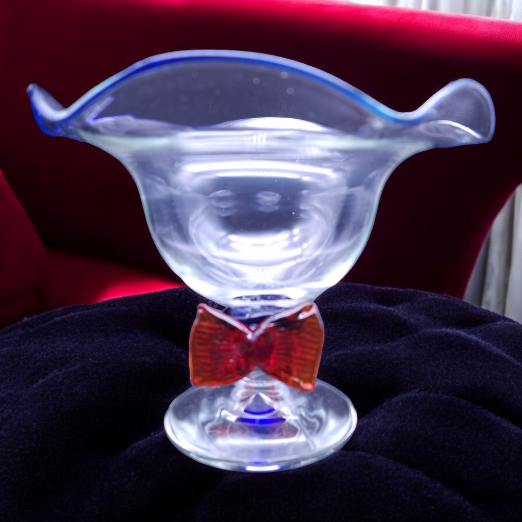Murano Crystal Art Glass Open Compote with Red Bow Tie Accent