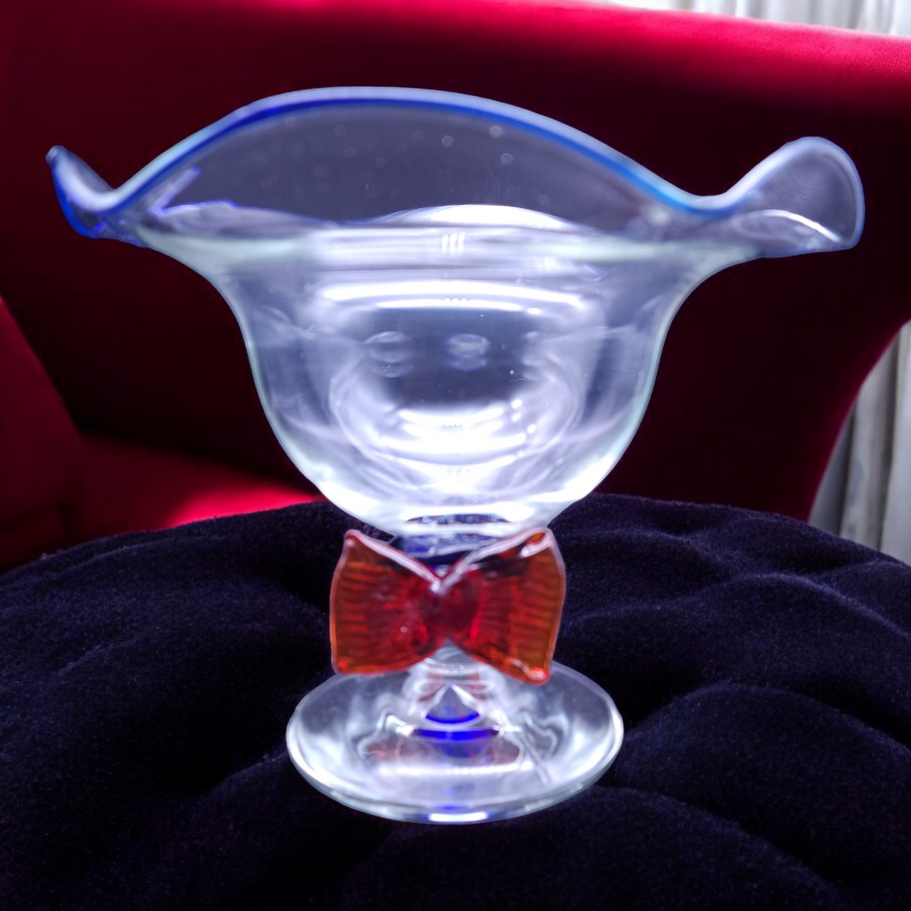 Murano Crystal Art Glass Open Compote with Red Bow Tie Accent