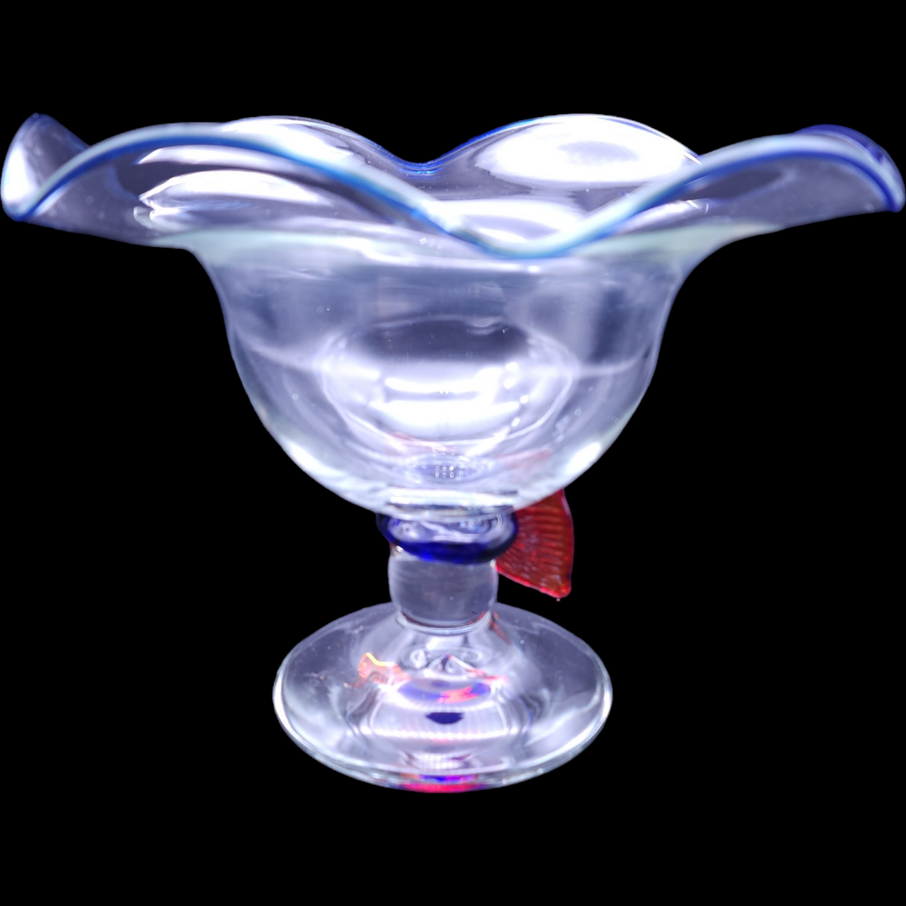 Murano Crystal Art Glass Open Compote with Red Bow Tie Accent