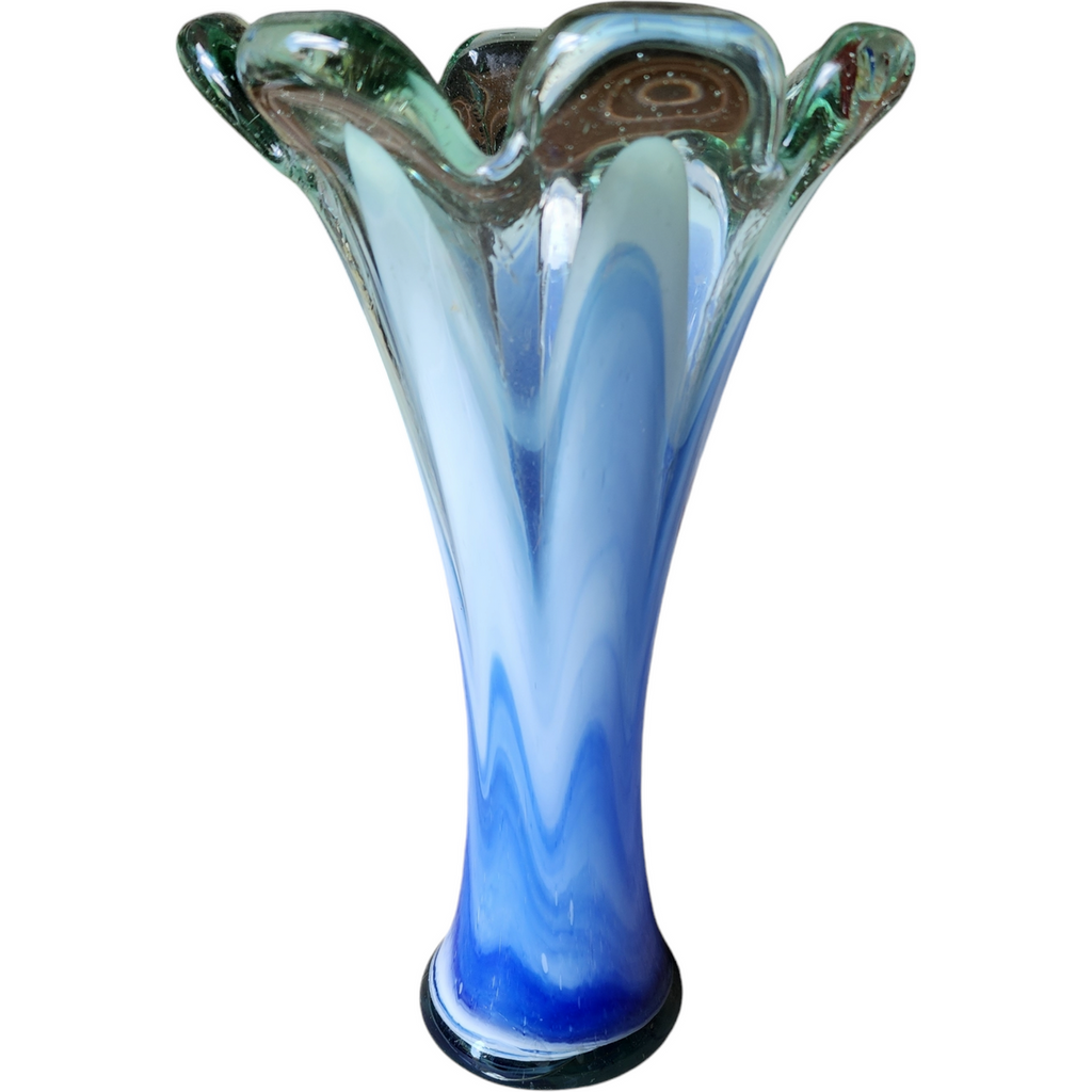 11" Murano Crystal Art Glass Large Hand Blown Vase with Blue Fade Design