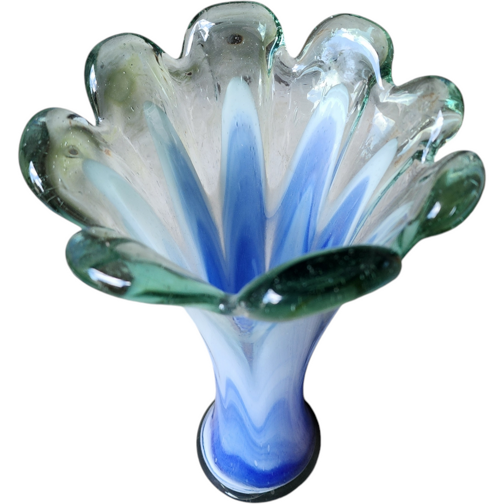 11" Murano Crystal Art Glass Large Hand Blown Vase with Blue Fade Design